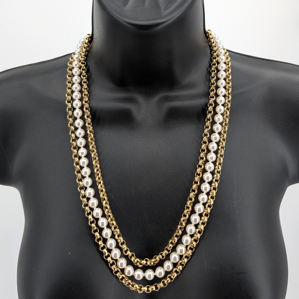Triple Strand Faux‎ Pearl Gold Tone Rolo Chain Necklace Filigree Clasp 23"